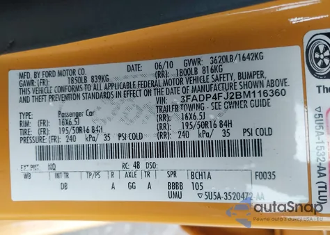 2011 Ford Fiesta Ses z USA, uszkodzony, nr VIN 3FADP4FJ2BM116360